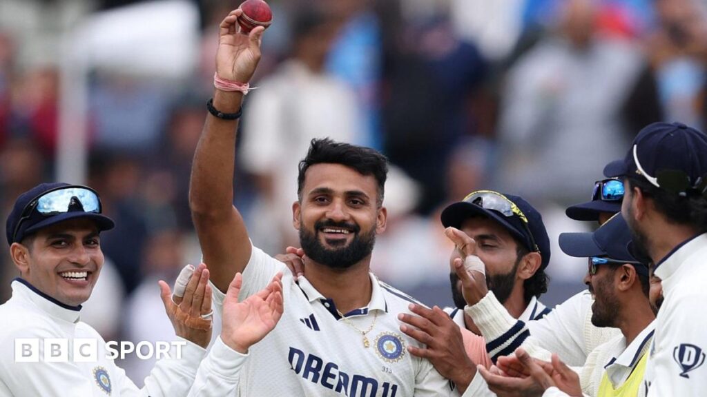 Akash Deep holds the ball up after taking his first five-wicket haul in Tests