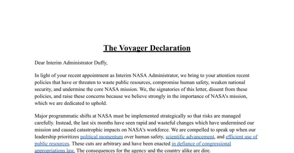 Read the NASA ‘Voyager Declaration’ Letter of Dissent to the Trump Administration