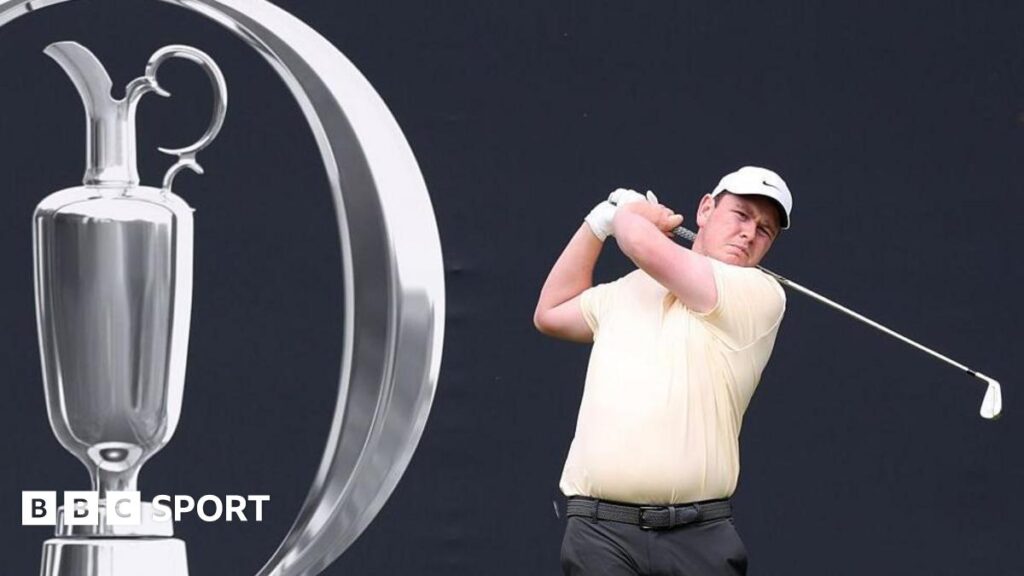 Bob MacIntyre tees off on the first hole during a practice round at Royal Portrush