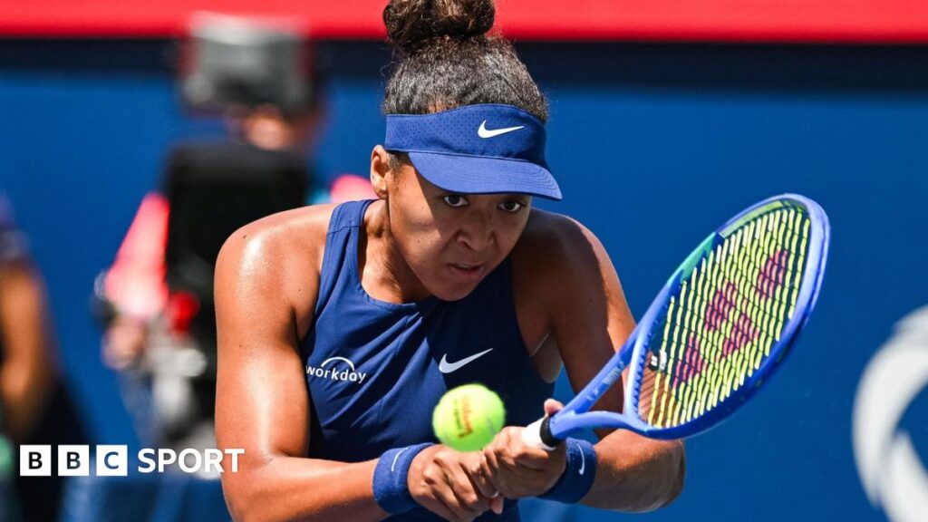 Naomi Osaka hits a ball in Montreal