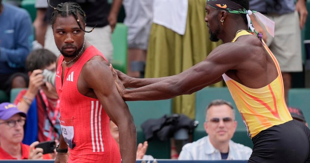 Noah Lyles shoved by Kenny Bednarek after winning 200 meters at U.S. nationals