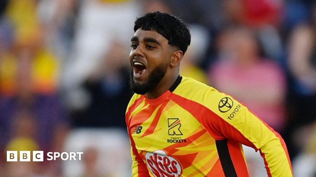 Trent Rockets bowler Rehan Ahmed celebrates taking a wicket