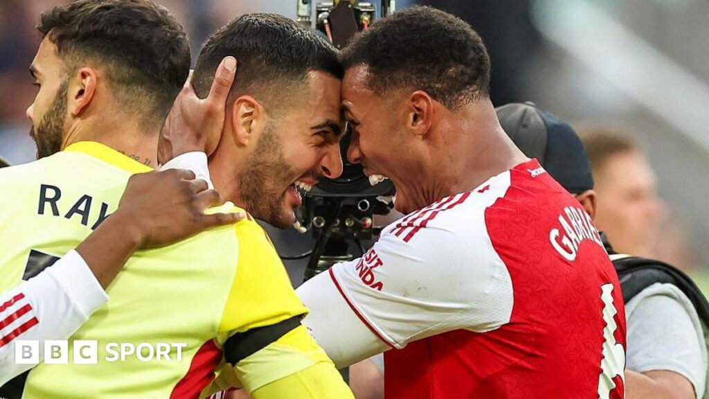 An image showing Arsenal's Gabriel and Mikel Merino celebrating at the end of the match during the Premier League match between Newcastle United and Arsenal at St James' Park
