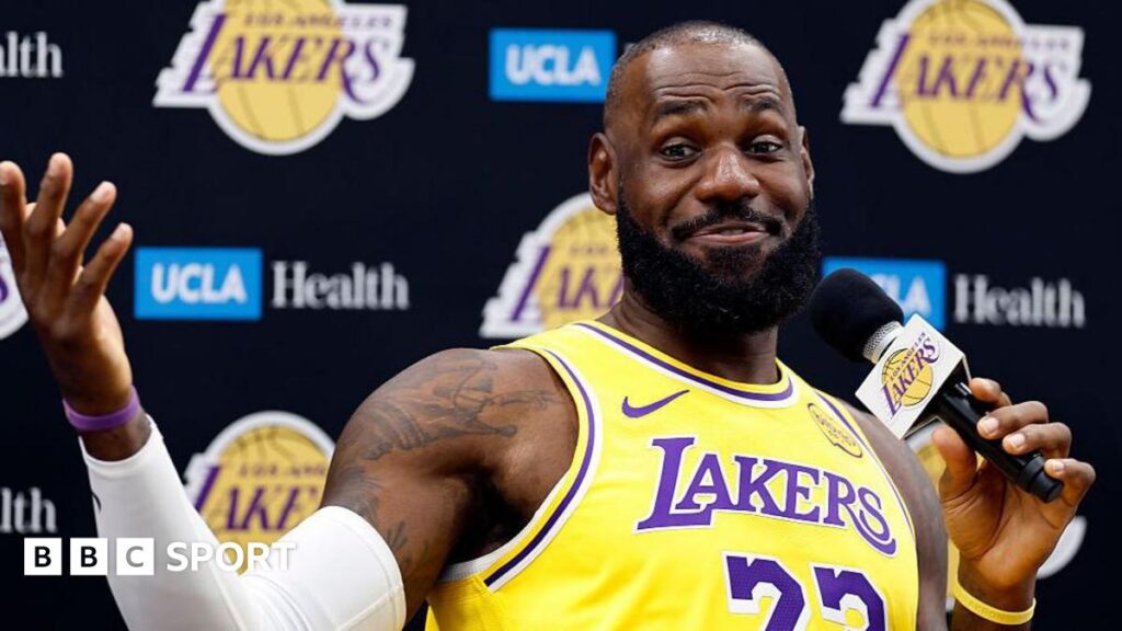 LeBron James speaking at an LA Lakers media event