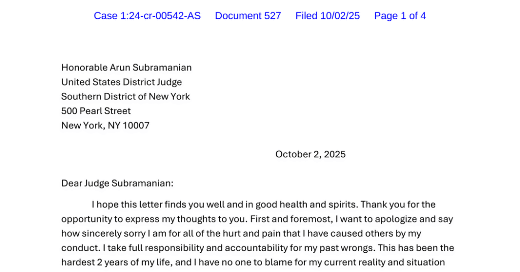 Sean Combs’s Letter to the Judge